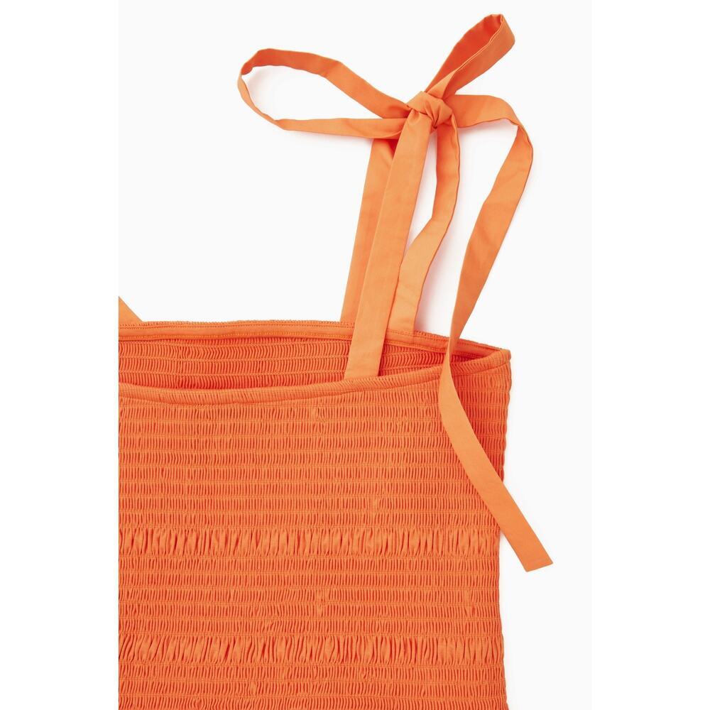 NWT COS Orange Cotton Maxi Dress Smocked Waist Tie Strap XS - Picture 5 of 15